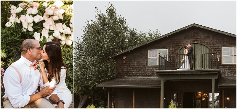 Snohomish & seattle wedding photographer | gsquared weddings photography split image on the left a couple sits outdoors kissing near blooming flowers On the right the same wedding couple kisses on a balcony of a rustic wooden house amid trees dressed in wedding attire Best of 2019 moments | wedding photo by gsquared weddings