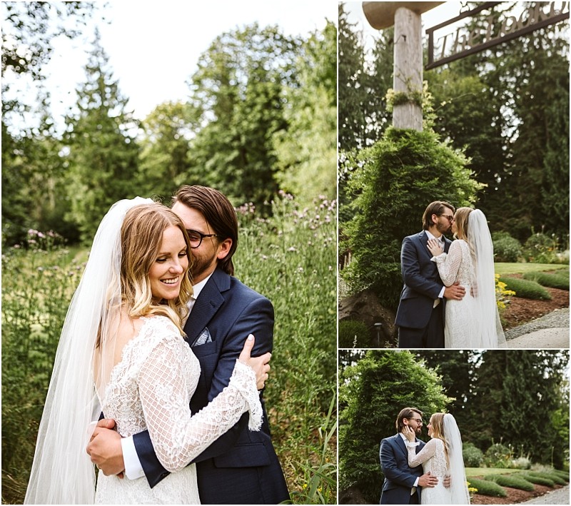 Snohomish & seattle wedding photographer | gsquared weddings photography a bride and groom embrace and kiss outdoors in a lush green garden The bride wears a lace wedding dress the groom in a navy suit and glasses Three photos capture these wedding couples joyful intimate momentstruly among the best of 2019 | wedding photo by gsquared weddings