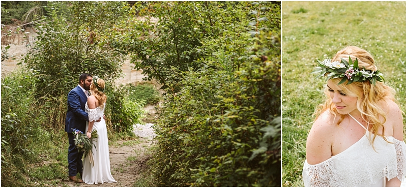 Snohomish & seattle wedding photographer | gsquared weddings photography a bride and groom one of the standout wedding couples from the best of 2019 embrace on a lush forest path Beside them a close up reveals the brides blonde hair and floral crown atop her off shoulder white dress | wedding photo by gsquared weddings