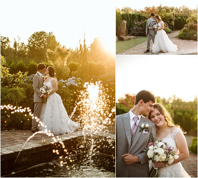 Snohomish & seattle wedding photographer | gsquared weddings photography a bride and groom in wedding attire pose lovingly together outdoors in a sunlit garden surrounded by greenery and flowers with a fountain spraying water in the foregrounda timeless moment among the best of 2019 wedding couples | wedding photo by gsquared weddings