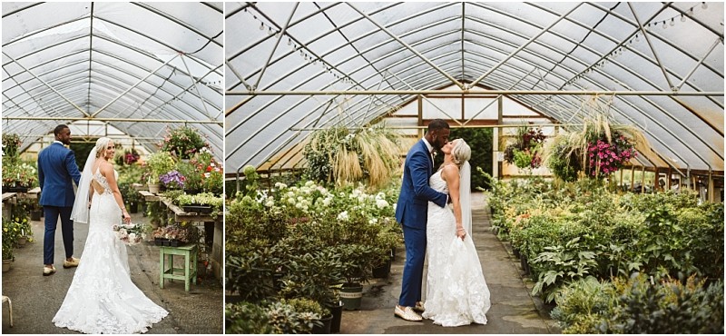 Snohomish & seattle wedding photographer | gsquared weddings photography a bride and groom one of the standout wedding couples embrace inside a lush greenhouse filled with plants and flowers sharing a special moment amid the greenery in this best of 2019 scene | wedding photo by gsquared weddings