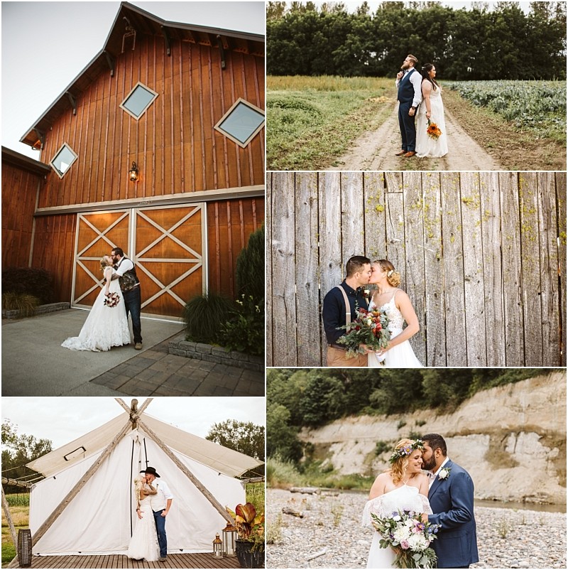 Snohomish & seattle wedding photographer | gsquared weddings photography a collage of wedding couples from the best of 2019 featuring a bride and groom posing by a barn kissing in a field beside a rustic wooden wall in front of a tent and strolling on a rocky beachall set in stunning outdoor locations | wedding photo by gsquared weddings