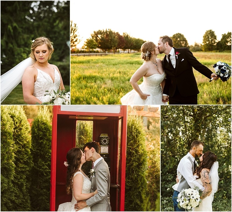 Snohomish & seattle wedding photographer | gsquared weddings photography a collage of four wedding photos featuring wedding couples a bride outdoors a couple kissing in a sunny field embracing in a red phone booth and kissing among treesall in wedding attire Best of 2019 moments captured beautifully | wedding photo by gsquared weddings
