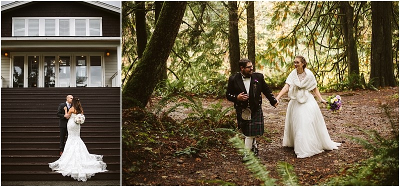 Snohomish & seattle wedding photographer | gsquared weddings photography a collage featuring wedding couples a couple embracing on stairs before their house and the same pair in wedding attire walking hand in hand through a lush forest Best of 2019 moments captured beautifully | wedding photo by gsquared weddings