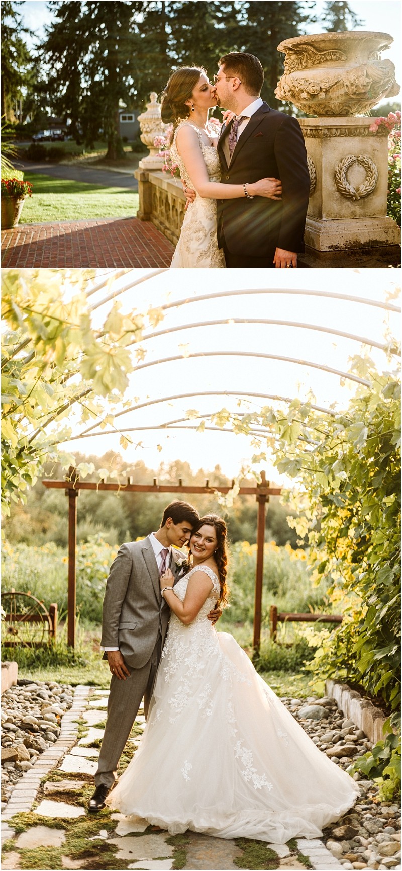 Snohomish & seattle wedding photographer | gsquared weddings photography two wedding photos in the first a wedding couple lovingly embraces near an ornate stone structure outdoors In the second they pose together under a sunlit garden arbor surrounded by greenerya beautiful best of 2019 moment | wedding photo by gsquared weddings