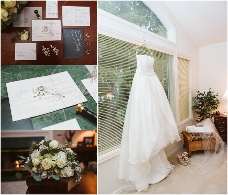 Snohomish & seattle wedding photographer | gsquared weddings photography a collage showing marysville wedding invitations rings and hairpins on a table a white bridal gown hanging in a bright room a bouquet of white flowers and wedding shoes beside a chair near a window | wedding photo by gsquared weddings