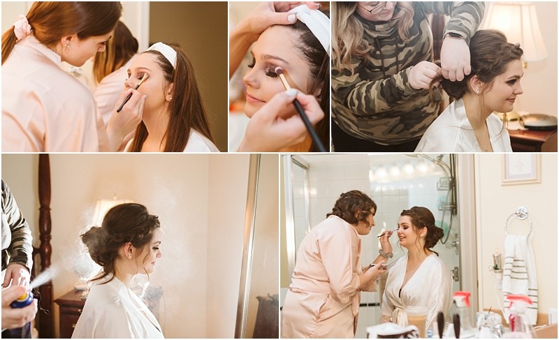 Snohomish & seattle wedding photographer | gsquared weddings photography a collage of five photos shows a marysville wedding bride getting ready makeup is applied her hair is styled and shes misted with hairspray in a cozy well lit room and bathroom | wedding photo by gsquared weddings