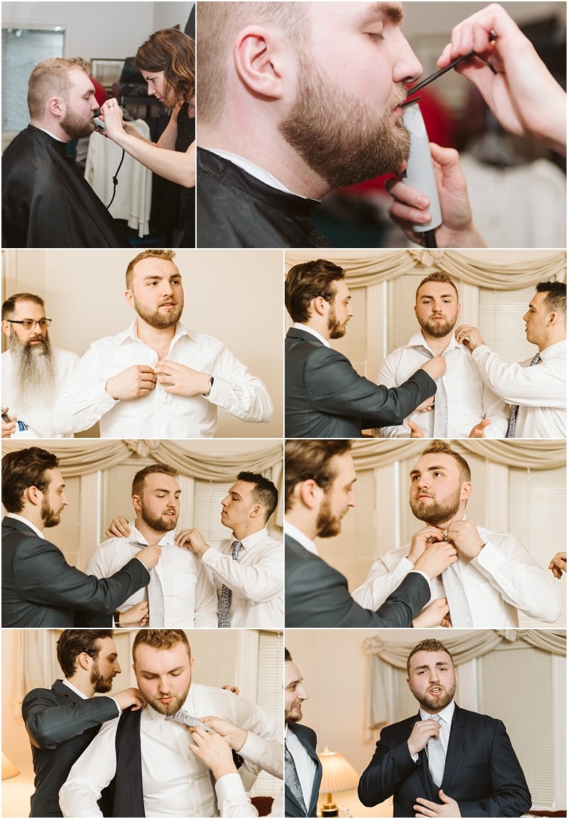 Snohomish & seattle wedding photographer | gsquared weddings photography a collage shows a marysville wedding groom getting ready having his beard trimmed then being helped by friends with his shirt tie and suit finishing with him fully dressed and smiling | wedding photo by gsquared weddings