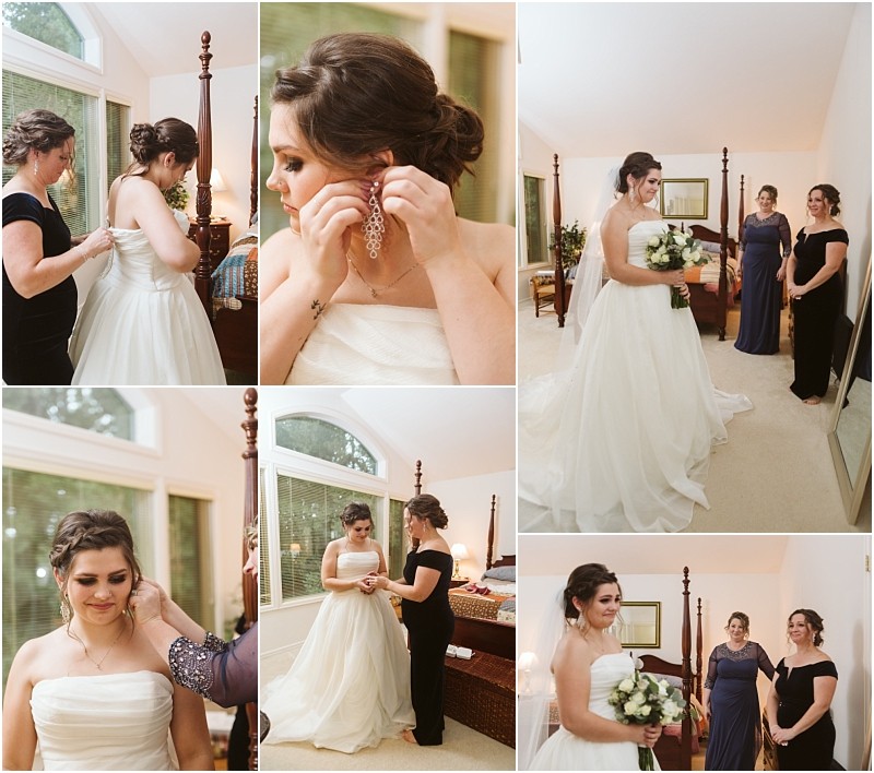 Snohomish & seattle wedding photographer | gsquared weddings photography a bride gets ready for her marysville wedding with the help of two women in a bright bedroom They assist with her dress and jewelry as she holds a bouquet smiling joyfully in her gown | wedding photo by gsquared weddings
