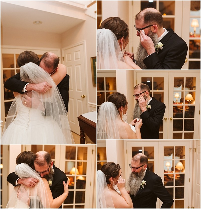 Snohomish & seattle wedding photographer | gsquared weddings photography a bride and her father share an emotional moment before their marysville wedding They embrace wipe away tears and comfort each other in a warmly lit room with glass doors in the background | wedding photo by gsquared weddings
