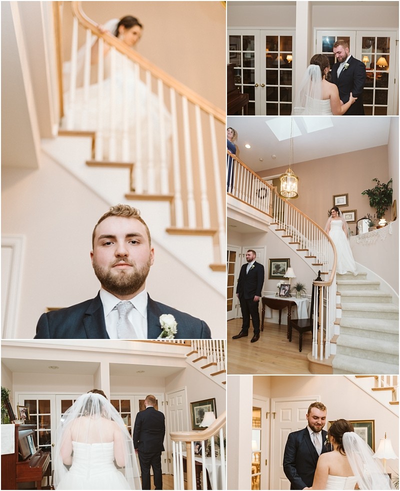 Snohomish & seattle wedding photographer | gsquared weddings photography a bride and groom share a first look in a bright marysville wedding home with a staircase The bride descends the stairs in her gown and the groom waits below in a suit They meet and embrace capturing candid emotional moments | wedding photo by gsquared weddings