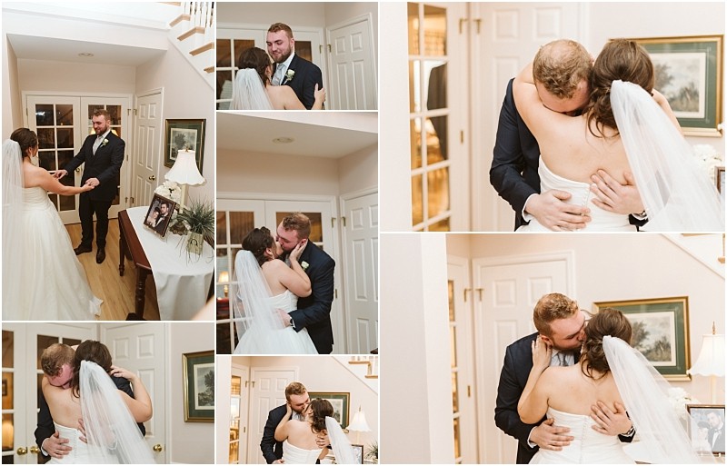 Snohomish & seattle wedding photographer | gsquared weddings photography a collage of photos captures a marysville wedding showing a bride and groom in a home entryway embracing and sharing emotional moments together including hugs and kisses The bride wears a strapless dress and veil the groom wears a suit | wedding photo by gsquared weddings