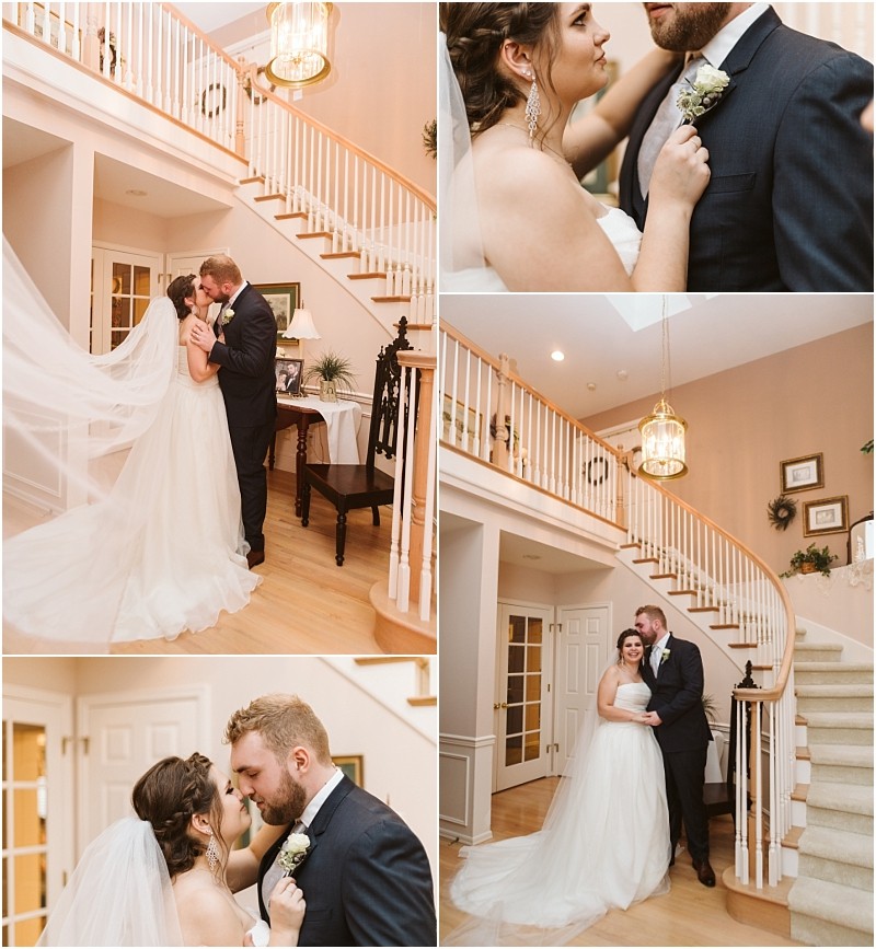 Snohomish & seattle wedding photographer | gsquared weddings photography a bride and groom share intimate moments in a bright marysville wedding home with a grand staircase embracing smiling and gazing at each other in wedding attire | wedding photo by gsquared weddings