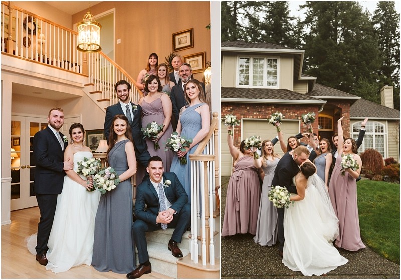 Snohomish & seattle wedding photographer | gsquared weddings photography two photos on the left a marysville wedding party poses on a staircase indoors all smiling On the right the same group stands outside a house laughing and celebrating with bouquets raised | wedding photo by gsquared weddings