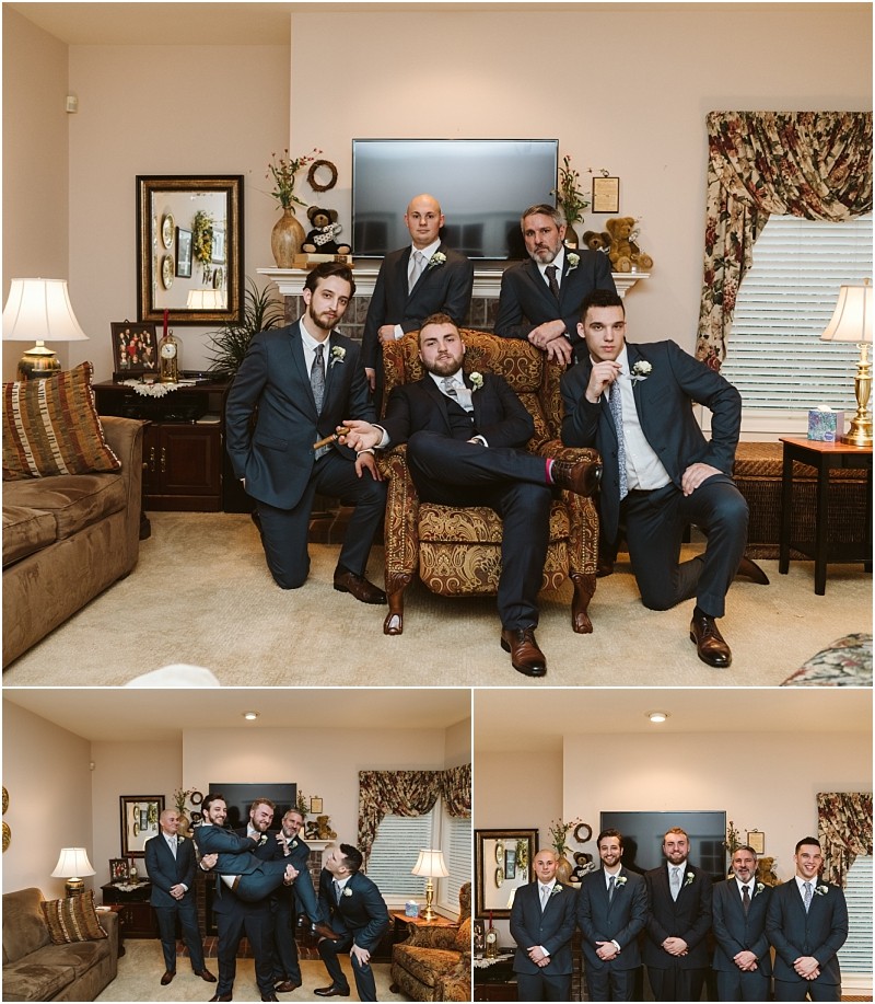 Snohomish & seattle wedding photographer | gsquared weddings photography a group of five men in suits pose in a living room dressed for a marysville wedding The top image shows them gathered around an armchair two smaller photos below capture them standing together and joking clearly enjoying the formal occasion | wedding photo by gsquared weddings