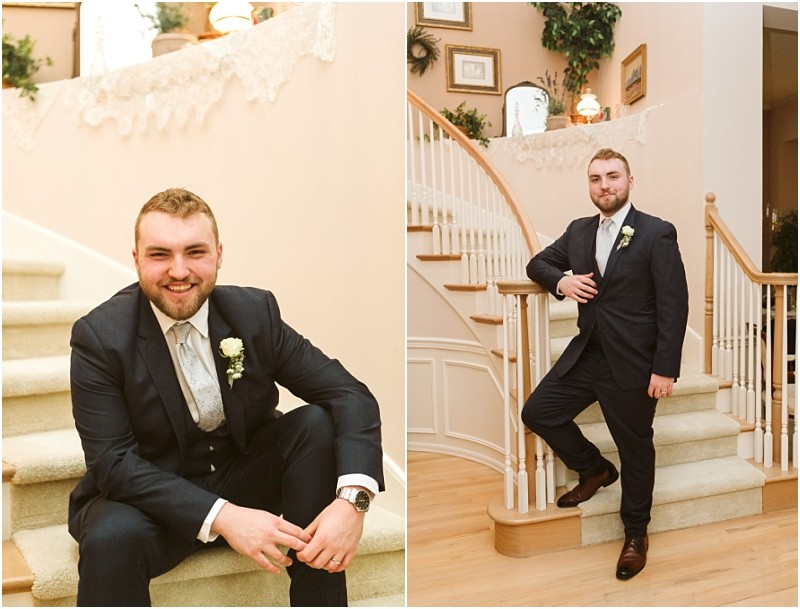 Snohomish & seattle wedding photographer | gsquared weddings photography a man in a dark suit with a boutonnière poses on a staircase smiling in both photos at this elegant marysville wedding The indoor setting features cream colored walls wooden accents and tasteful decorative touches in the background | wedding photo by gsquared weddings