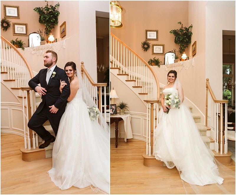 Snohomish & seattle wedding photographer | gsquared weddings photography two marysville wedding photos on the left a bride in a white gown leans on her groom by a curved staircase on the right the bride stands alone smiling with her bouquet in front of the same elegant staircase | wedding photo by gsquared weddings
