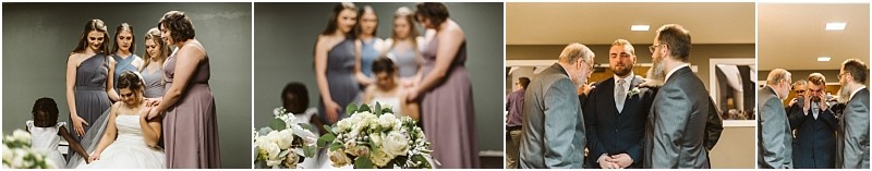 Snohomish & seattle wedding photographer | gsquared weddings photography four marysville wedding preparation scenes women in bridesmaid dresses gather around a seated bride close up of their hands men in suits talk and smile together two men adjust each others suits preparing for the ceremony | wedding photo by gsquared weddings