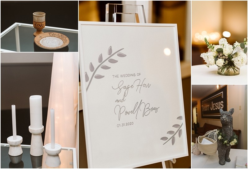 Snohomish & seattle wedding photographer | gsquared weddings photography a collage of marysville wedding decor a wooden cup and plate a white welcome sign with the wedding of sage hou and powell boas 01 31 2020 white flowers candles and a basket by a llama decoration | wedding photo by gsquared weddings