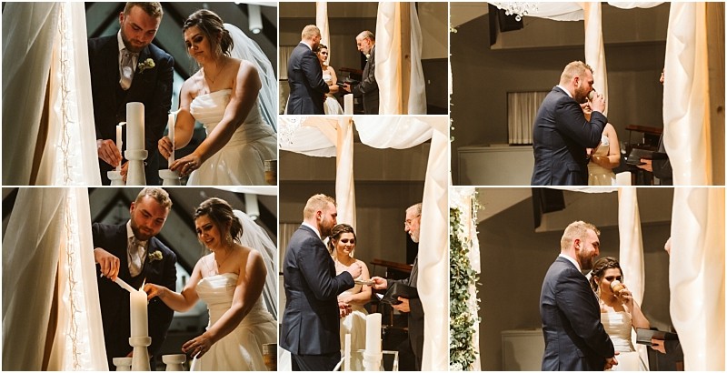Snohomish & seattle wedding photographer | gsquared weddings photography a collage of marysville wedding ceremony photos shows a bride and groom lighting a unity candle together under a decorated canopy exchanging emotional glances and standing with an officiant | wedding photo by gsquared weddings