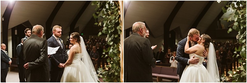 Snohomish & seattle wedding photographer | gsquared weddings photography a bride and groom stand at the altar during their marysville wedding ceremony In the next frame they share a kiss after being pronounced married surrounded by guests in a warmly lit church | wedding photo by gsquared weddings