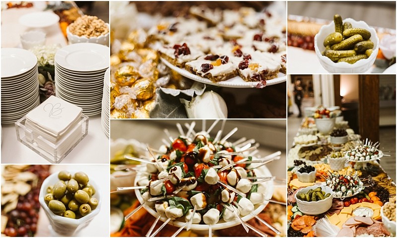Snohomish & seattle wedding photographer | gsquared weddings photography a collage of buffet table items including plates napkins bowls of pickles and olives cheese and fruit skewers and assorted finger foods beautifully arranged for a marysville wedding catered event | wedding photo by gsquared weddings