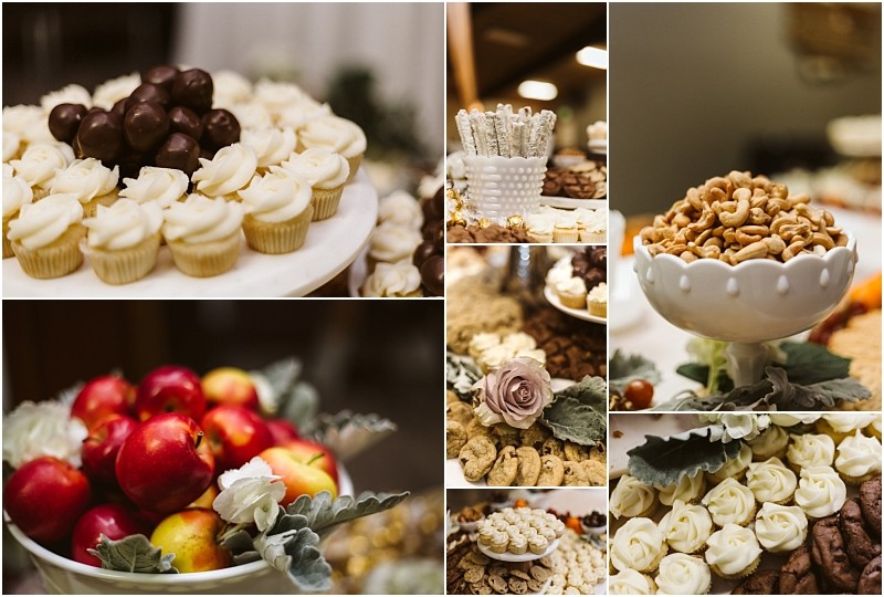 Snohomish & seattle wedding photographer | gsquared weddings photography a collage of dessert table items for a marysville wedding including cupcakes chocolate truffles breadsticks in a vase a bowl of mixed nuts fresh apples cookies and floral decorations all arranged on elegant platters | wedding photo by gsquared weddings