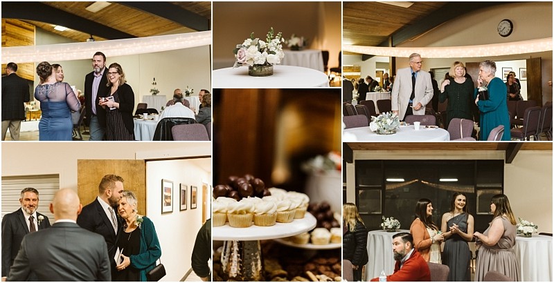Snohomish & seattle wedding photographer | gsquared weddings photography a collage of photos shows people socializing at a formal indoor event with groups chatting floral centerpieces on tables a clock on the wall and trays of assorted dessertscapturing the joyful spirit of a marysville wedding | wedding photo by gsquared weddings