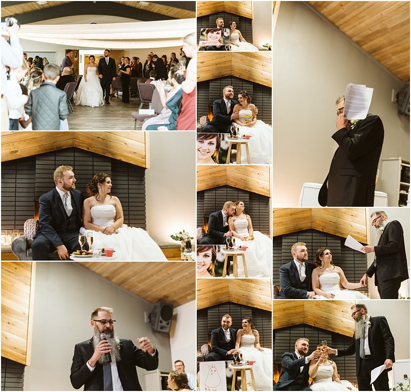 Snohomish & seattle wedding photographer | gsquared weddings photography a collage of marysville wedding photos shows a bride and groom sitting together guests watching and a man giving a speech with papers and microphone in a warmly lit modern venue featuring beautiful wood accents | wedding photo by gsquared weddings