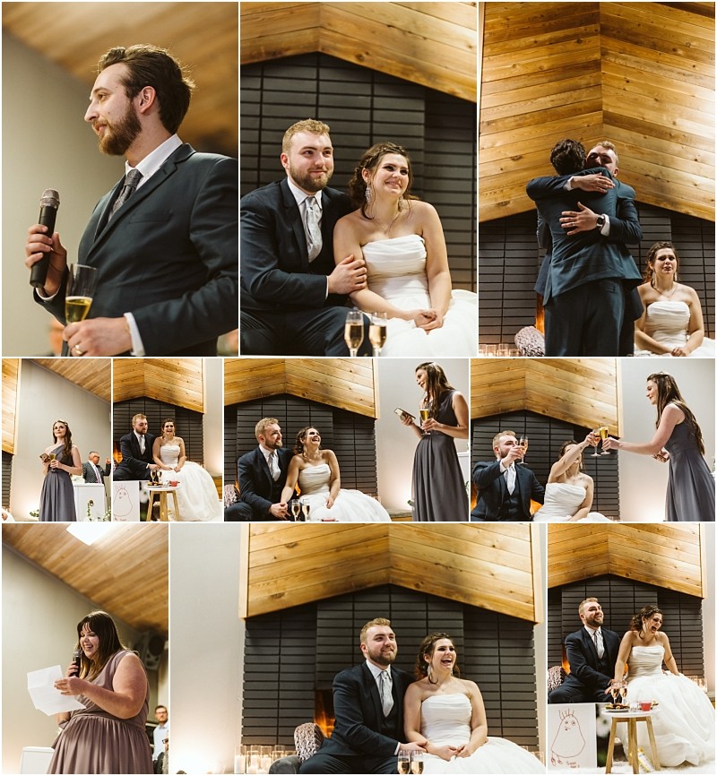 Snohomish & seattle wedding photographer | gsquared weddings photography a collage of wedding reception moments at a marysville wedding features a bride and groom seated together guests giving speeches hugs being exchanged and people raising glasses in celebration all set in a modern wood accented venue | wedding photo by gsquared weddings