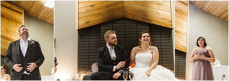 Snohomish & seattle wedding photographer | gsquared weddings photography three panel image at a marysville wedding a man in a suit speaks center the smiling bride in white and groom in a suit sit together right a bridesmaid in lavender addresses the room All are indoors by a cozy fireplace | wedding photo by gsquared weddings