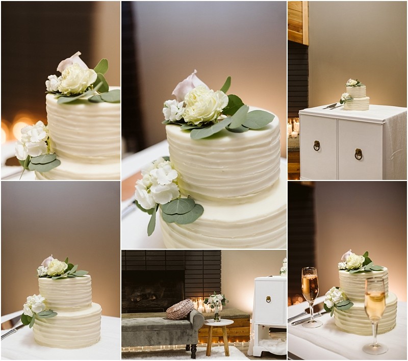 Snohomish & seattle wedding photographer | gsquared weddings photography a collage of photos featuring a white two tiered cake decorated with white flowers and green leaves at a marysville wedding set on a white table with champagne glasses and a cozy softly lit indoor background | wedding photo by gsquared weddings