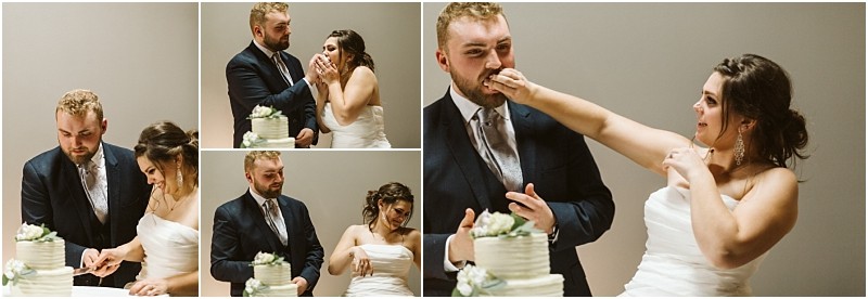 Snohomish & seattle wedding photographer | gsquared weddings photography a bride and groom cut their wedding cake and playfully feed each other laughing and smiling The happy couple enjoys the marysville wedding tradition standing by the cake in a joyful moment | wedding photo by gsquared weddings