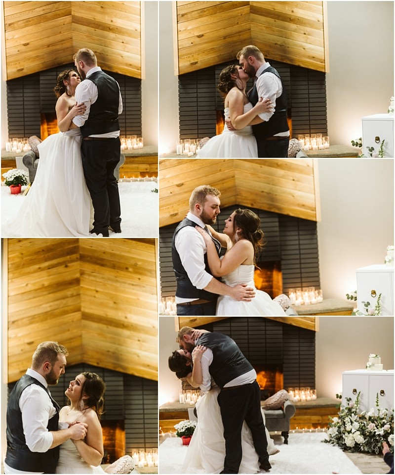 Snohomish & seattle wedding photographer | gsquared weddings photography a bride and groom share their first dance in front of a modern fireplace embracing dancing and smiling in a warmly lit intimate marysville wedding setting | wedding photo by gsquared weddings