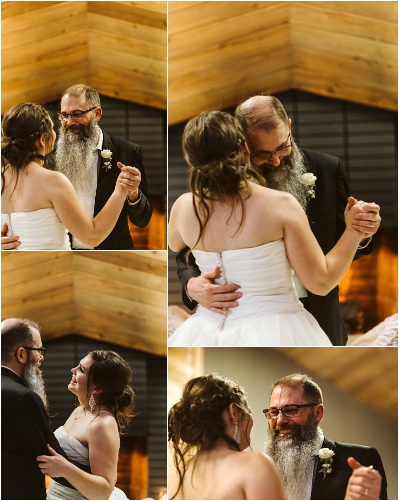 Snohomish & seattle wedding photographer | gsquared weddings photography a bride in a white dress shares a joyful and emotional dance with an older man with a long gray beard and glasses both smiling under warm indoor lighting with wooden walls at their marysville wedding | wedding photo by gsquared weddings