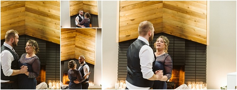 Snohomish & seattle wedding photographer | gsquared weddings photography a man in a vest and a woman in a dark dress share a dance at a marysville wedding framed by a modern fireplace with wood paneling Multiple angles capture them smiling and enjoying the moment | wedding photo by gsquared weddings
