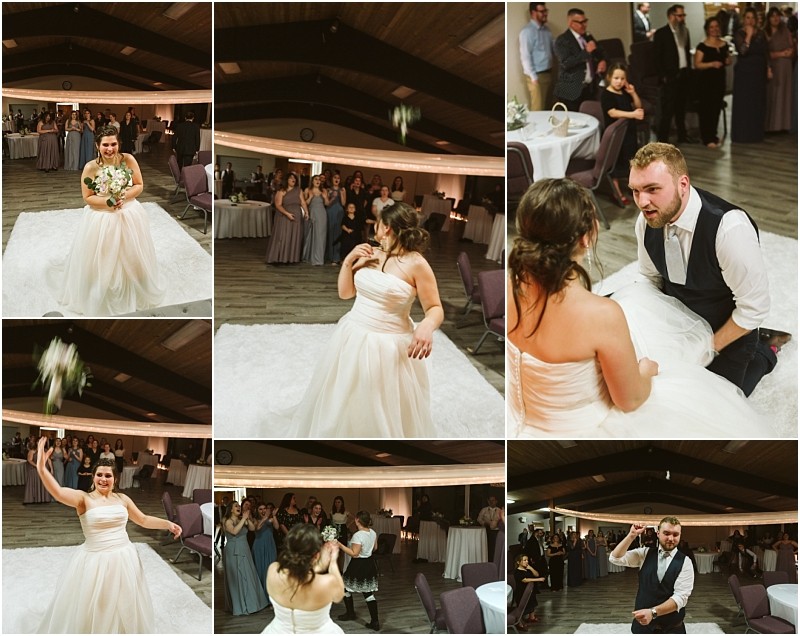 Snohomish & seattle wedding photographer | gsquared weddings photography a collage of marysville wedding reception moments shows a bride tossing her bouquet women reaching to catch it a groom preparing to remove her garter and him playfully holding it up as guests watch and celebrate | wedding photo by gsquared weddings