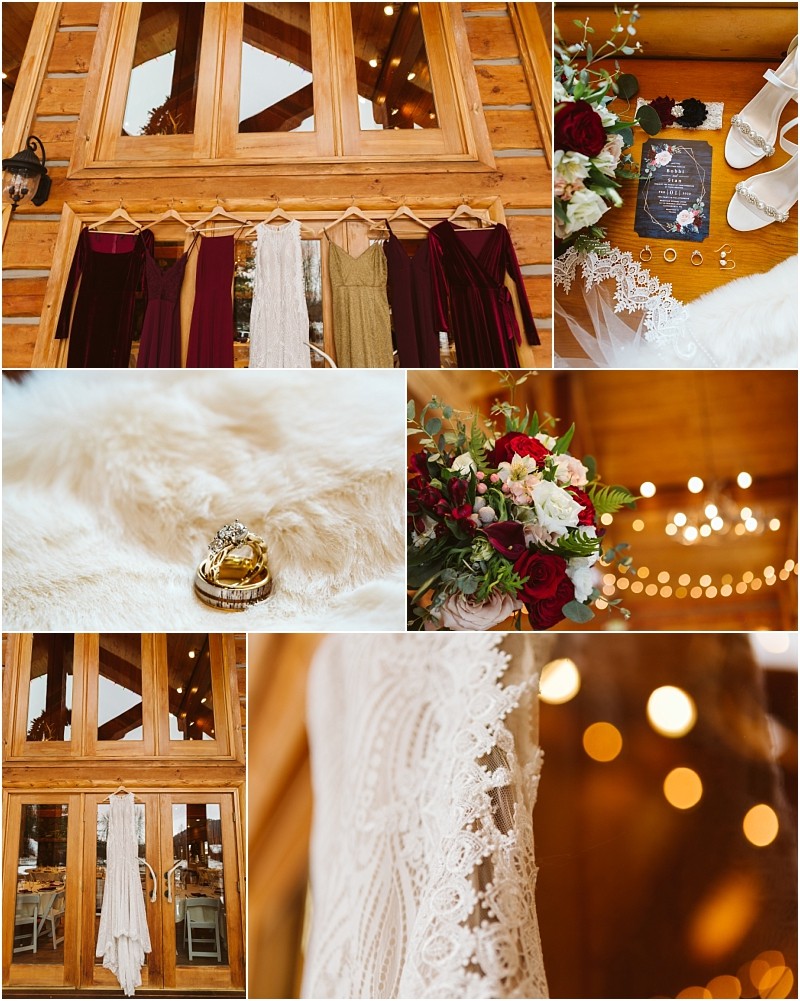 Snohomish & seattle wedding photographer | gsquared weddings photography collage of leavenworth wedding details bridesmaid dresses and veil on wooden hangers invitation jewelry bouquet with red and white flowers wedding rings on fur lace veil close up and string lights in a rustic wood venue | wedding photo by gsquared weddings