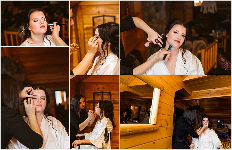 Snohomish & seattle wedding photographer | gsquared weddings photography a woman in a white robe sits in a wooden room as a makeup artist prepares her for her leavenworth wedding close ups and wide shots capture each stage of the process from multiple angles | wedding photo by gsquared weddings