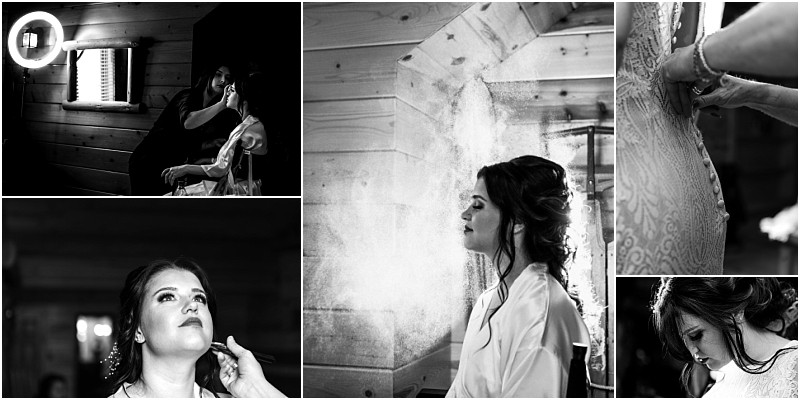 Snohomish & seattle wedding photographer | gsquared weddings photography a black and white collage of five images captures a leavenworth wedding the bride gets ready as makeup is applied hair is styled with spray her dress is adjusted and she prepares in a rustic wood paneled room | wedding photo by gsquared weddings