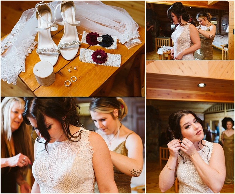 Snohomish & seattle wedding photographer | gsquared weddings photography a collage of four images from a leavenworth wedding shows a bride getting ready her dress and accessories on a table a bridesmaid helping her with the dress the bride putting on earrings and women assisting with her gown | wedding photo by gsquared weddings