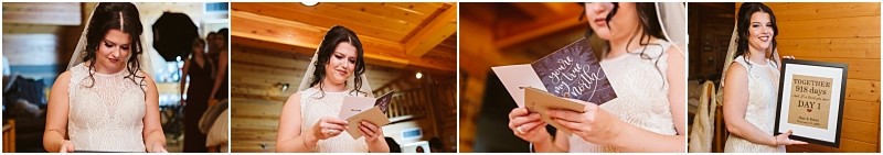 Snohomish & seattle wedding photographer | gsquared weddings photography a woman in a white dress reads a card smiles and holds up a framed print inside a warmly lit wooden room at a leavenworth wedding | wedding photo by gsquared weddings