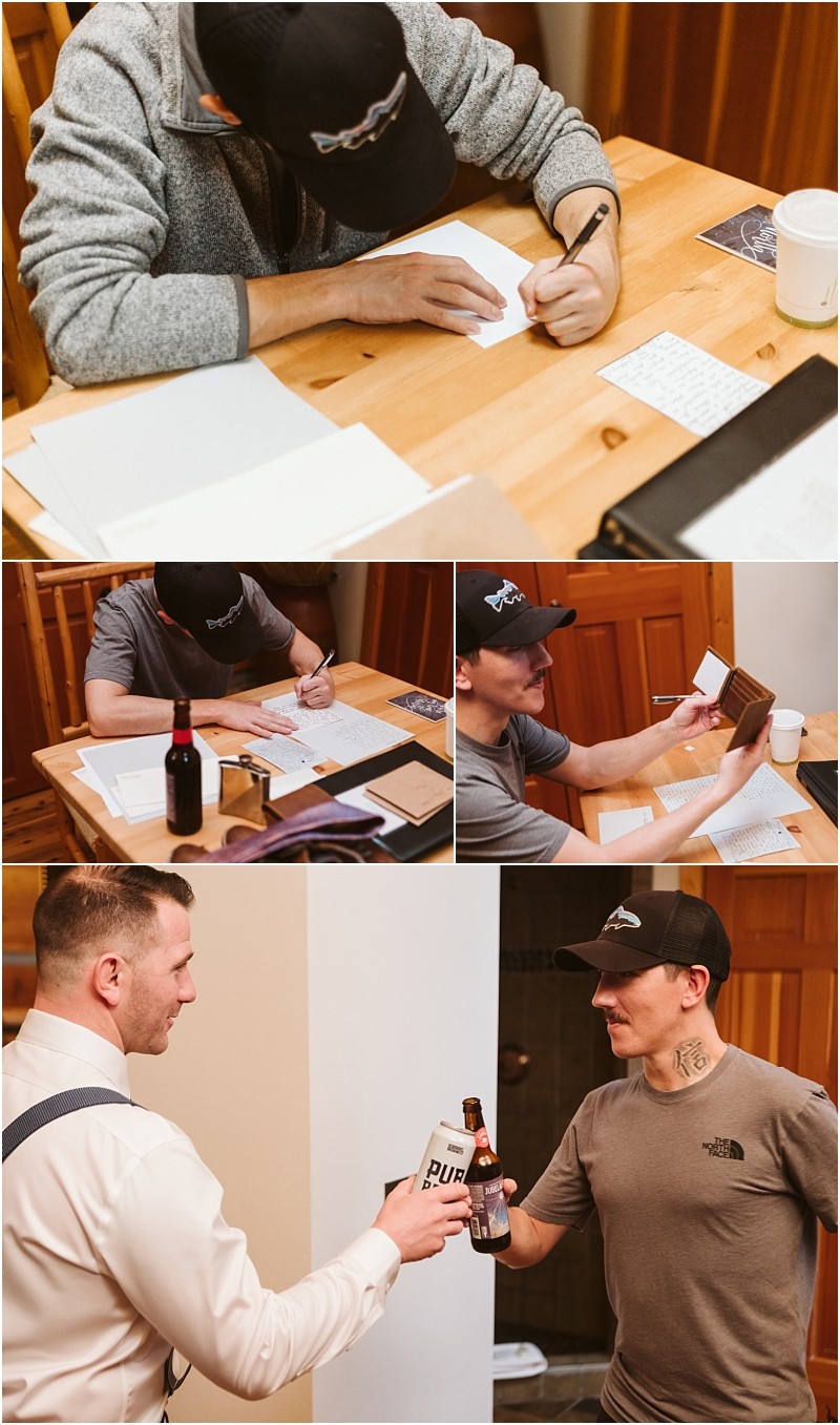 Snohomish & seattle wedding photographer | gsquared weddings photography a man in casual clothes writes a letter at a wooden table Later during a leavenworth wedding celebration he shares a beer and laughter with a man in formal attire as they exchange a book and drinks | wedding photo by gsquared weddings