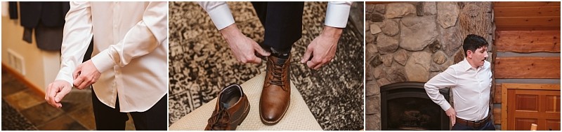 Snohomish & seattle wedding photographer | gsquared weddings photography three photos a person buttoning a white shirt cuff tying brown dress shoes and adjusting their shirt in a rustic room with wood and stone wallsperfect moments before a leavenworth wedding | wedding photo by gsquared weddings