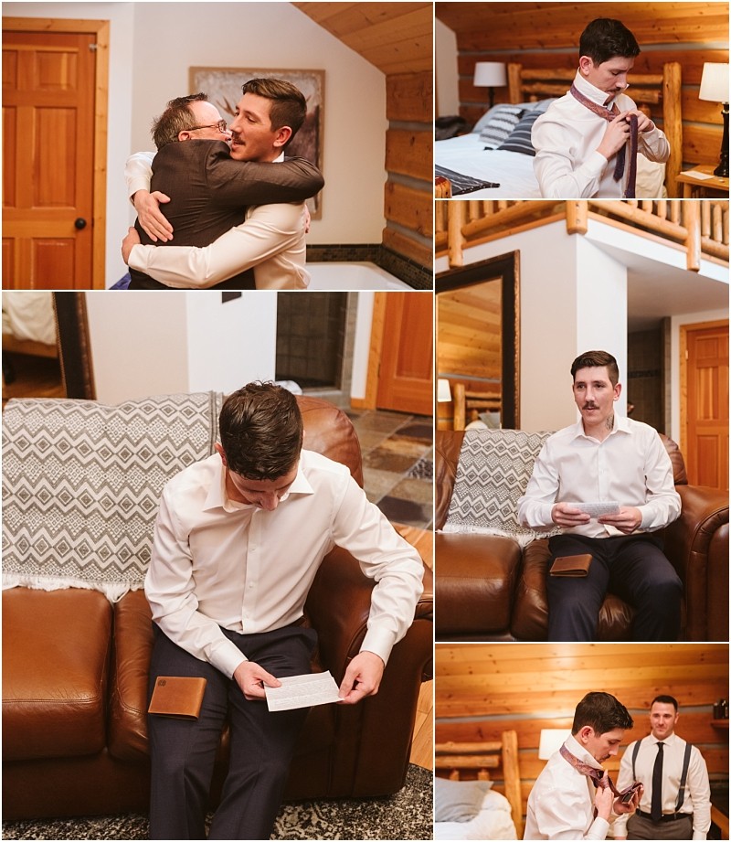 Snohomish & seattle wedding photographer | gsquared weddings photography a man in a white shirt prepares for a leavenworth wedding hugging another man tying his tie reading a note on a couch and sitting with another man in a cozy wood paneled room | wedding photo by gsquared weddings