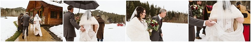 Snohomish & seattle wedding photographer | gsquared weddings photography four wedding photos capture a leavenworth wedding as a bride in a white dress and veil walks outside a snowy cabin with her groom He holds an umbrella over her and helps with her dress as they cross the snow together | wedding photo by gsquared weddings