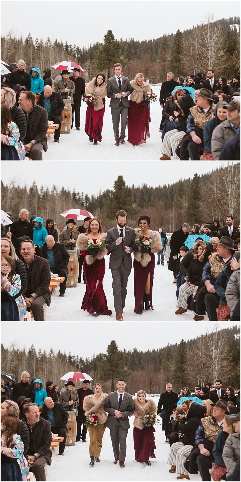 Snohomish & seattle wedding photographer | gsquared weddings photography three photos of a magical leavenworth wedding capture a man in a gray suit walking arm in arm with two women in red dresses carrying bouquets down a snowy aisle surrounded by pine trees mountains and seated guests | wedding photo by gsquared weddings
