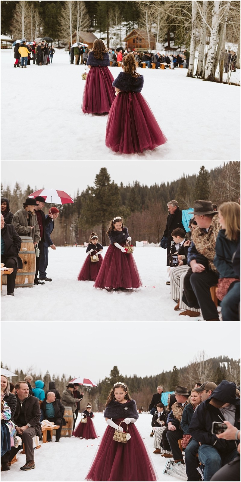 Snohomish & seattle wedding photographer | gsquared weddings photography three young girls in burgundy dresses walk down a snowy outdoor aisle holding flower baskets as seated guests watch during a magical leavenworth wedding ceremony surrounded by trees | wedding photo by gsquared weddings