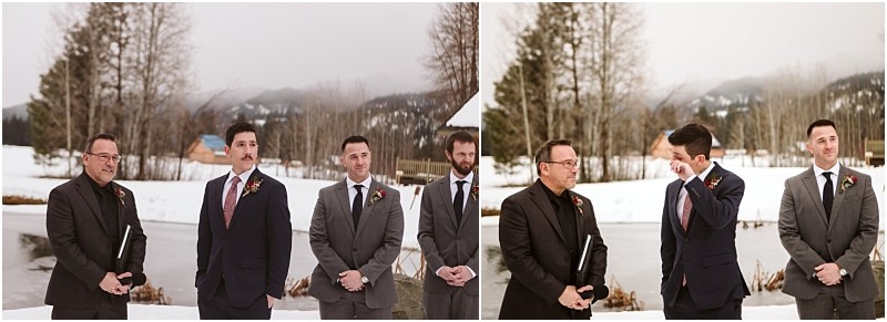 Snohomish & seattle wedding photographer | gsquared weddings photography four men in suits stand outdoors by a frozen pond snowy mountains rising behind them In the second image the man in the center wipes his eyes as the others look on capturing an emotional moment at a leavenworth wedding | wedding photo by gsquared weddings