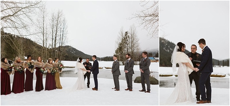 Snohomish & seattle wedding photographer | gsquared weddings photography a magical leavenworth wedding unfolds by a snowy lakeshore the bride and groom stand with the officiant as bridesmaids in burgundy dresses and groomsmen in gray suits gather nearby | wedding photo by gsquared weddings